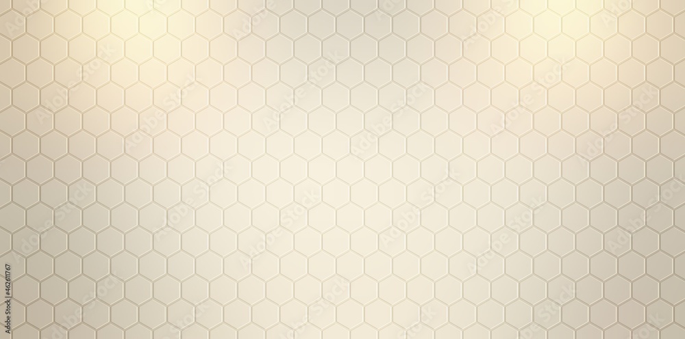 Pastel hexagonal wall geometric pattern banner. Two diffused lights on top illuminated mosaic textured background.