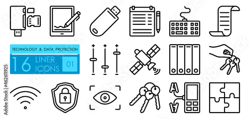 Data storage, protection and transmission technologies. Digital tablet, electronic, signature, keyboard, wireless, WiFi, flash card, card reader, adapter. Set of simple linear icons