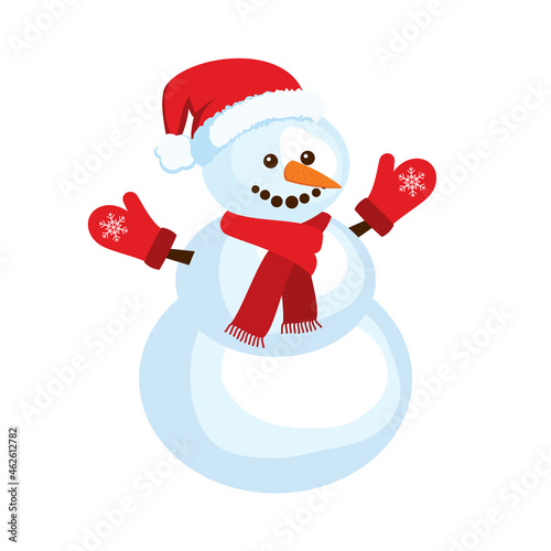 Cute snowman with red scarf, gloves and santa hat icon vector. Happy snowman with carrot vector illustration. Warmly dressed snowman icon isolated on a white background