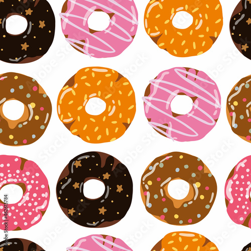 seamless pattern with donuts. colorful donuts hand drawn. ponies with different sprinkles. design for packaging, fabric, background.