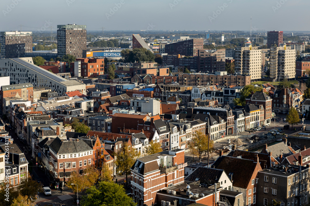 Skyline cityscape with rooftops of city center Groningen in The Netherlands seen from the Forum cultural building