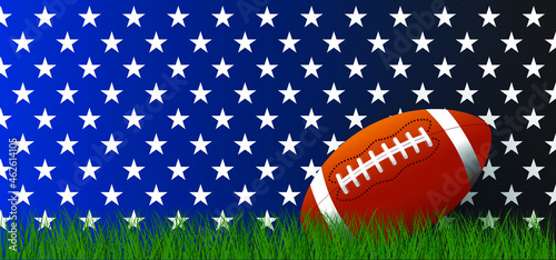 American football on green grass field. Sport team game cup. Rugby ball day. Funny super bowl weekend party. USA, sport finale, school games or on street. Vector template background sign. 
