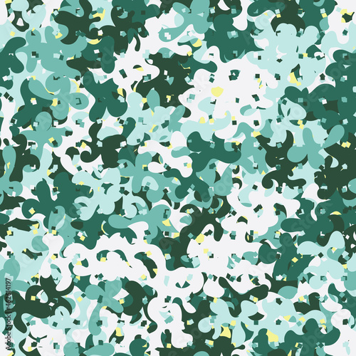 Seamless pattern. Chaotic spots. Yellow, white and blue-green.