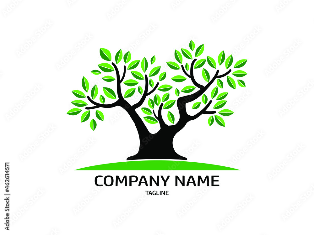 Obraz premium Trees and root with green leaves look beautiful and refreshing. Tree and roots LOGO style. Illustration flat style.