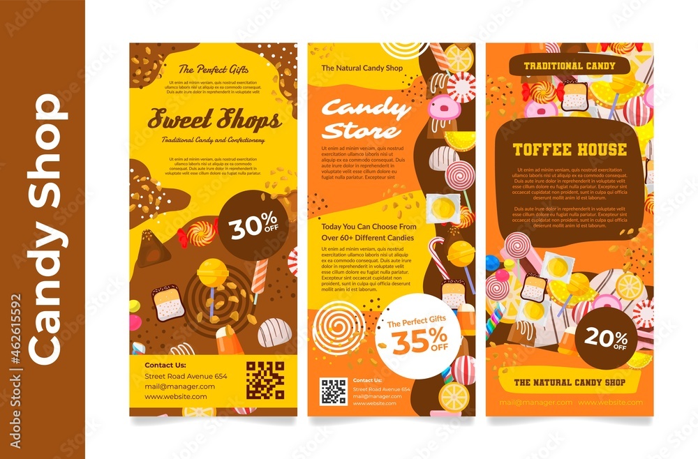 Collection candy shop promo poster with place for text vector illustration sweet delicious store