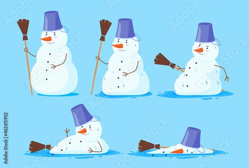 Funny melting steps snowman set vector flat illustration Christmas character disappearing