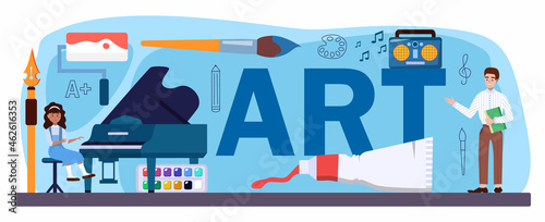 Art typographic header. Student holding art tools learning how to draw
