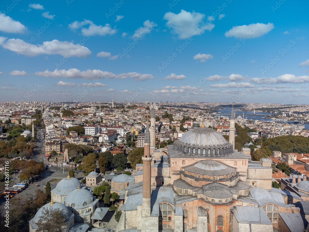 Aerial view on Ayasofya, Hagia Sophia, late antiquity building at sunny day
