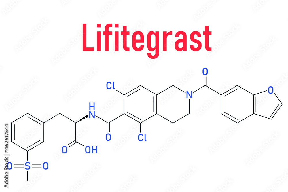 Lifitegrast drug molecule. Used in the treatment of keratoconjunctivitis sicca. Skeletal formula. Lifitegrast drug molecule. Used in the treatment of keratoconjunctivitis sicca. Skeletal formula.