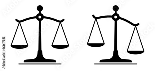 Scale icon. Justice scales icons set in balance and equilibrium. Scales symbols collection. Vector illustration
