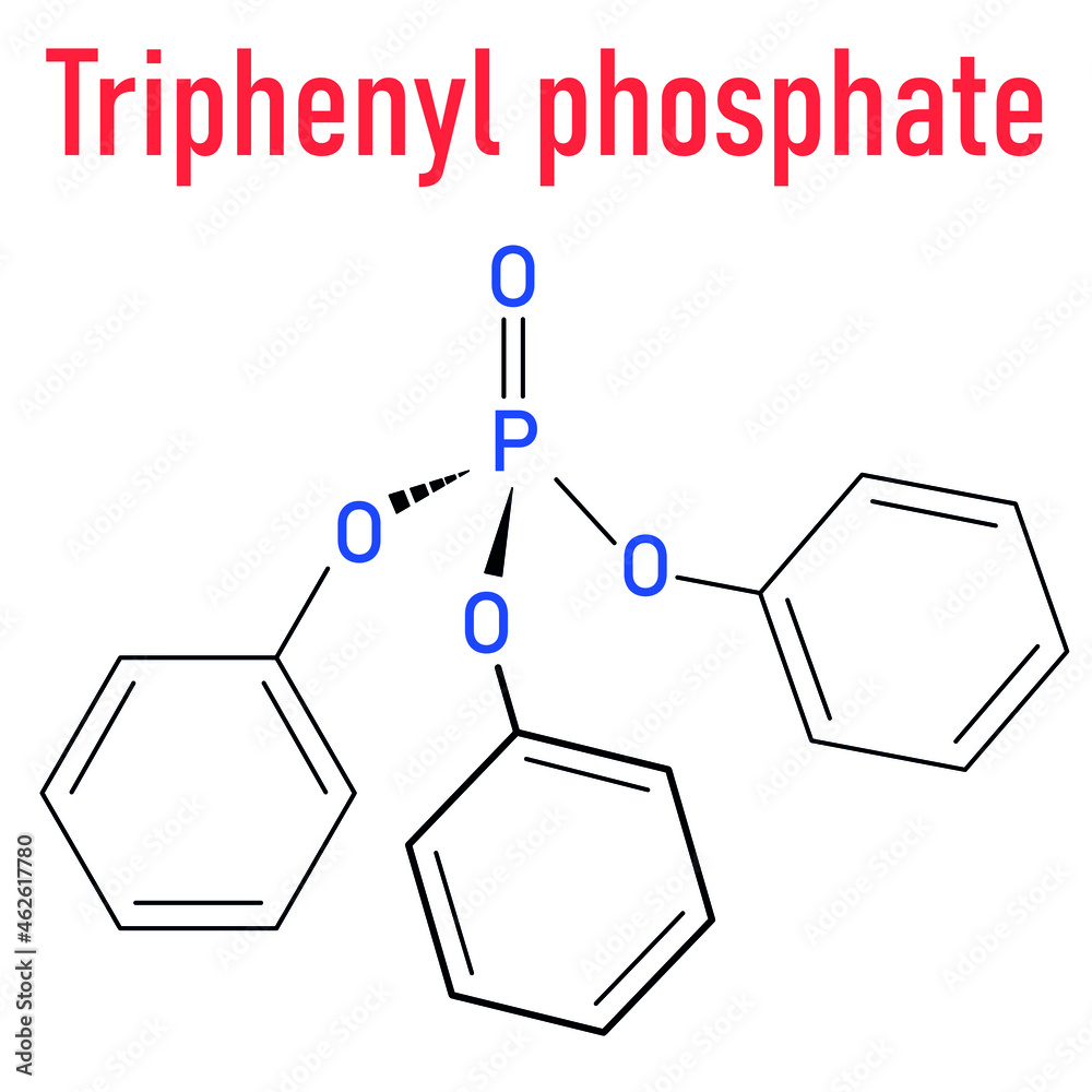 Obraz premium Triphenyl phosphate molecule. Used as flame retardant and plasticizer. Skeletal formula.