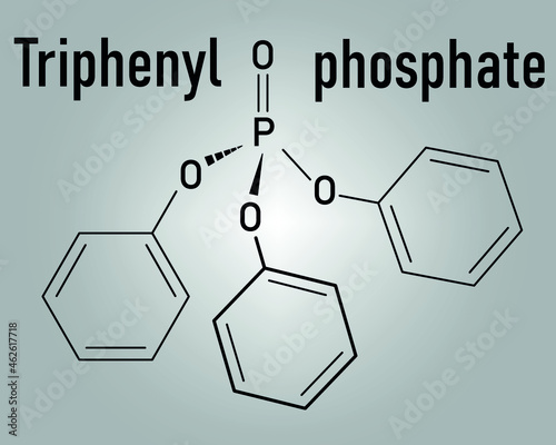 Triphenyl phosphate molecule. Used as flame retardant and plasticizer. Skeletal formula.