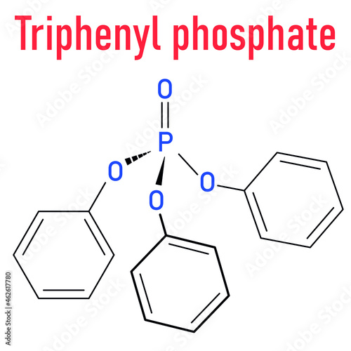 Triphenyl phosphate molecule. Used as flame retardant and plasticizer. Skeletal formula.