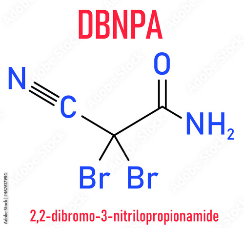 2,2-dibromo-3-nitrilopropionamide (DBNPA) biocide molecule. Skeletal formula. photo