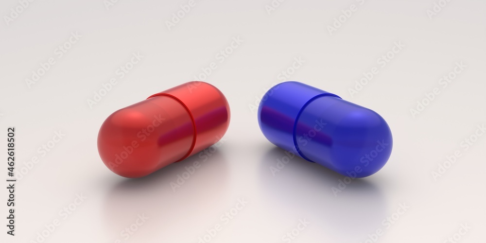 Red and blue pills capsules tablets isolated on white background. 3d illustration Red and blue pills capsules tablets isolated on white background. 3d illustration