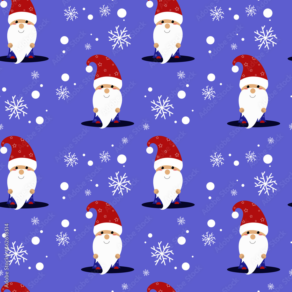 seamless pattern of cute little santa claus in red cap with pumpon and blue cloak