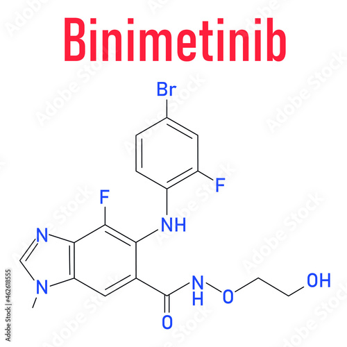 Binimetinib cancer drug molecule (MEK inhibitor). Skeletal formula.