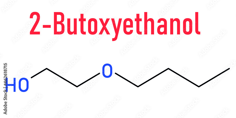 2-Butoxyethanol solvent and surfactant molecule. Skeletal formula. 2-Butoxyethanol solvent and surfactant molecule. Skeletal formula.