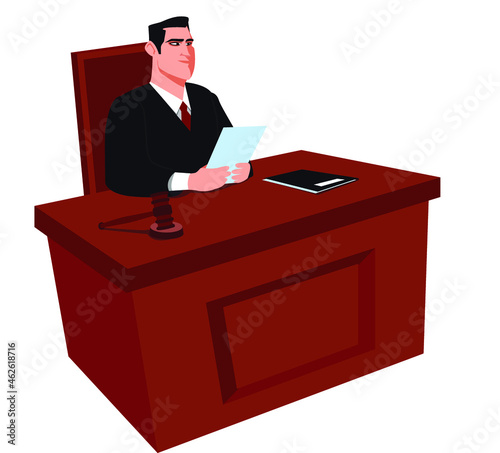 A male judge is presiding over a court hearing. The judge announces his decision. The court pronounces a verdict. Stock vector illustration