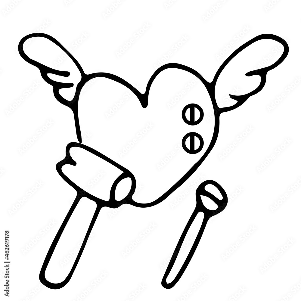 Doodle winged heart chained by nails, a hammer and a large nail near. Vector sketch illustrates the concept of suffering in love relationships, addictions, heartache, toxic relationships.