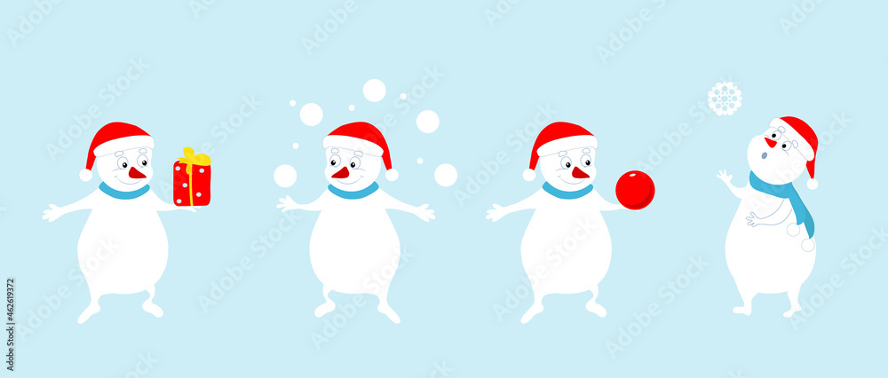 Vector set of cartoon snowmen. Christmas and New Year vector illustration of winter holiday characters. Design for greeting cards, banners.