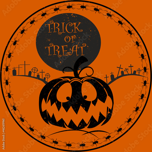 Silhouette of a pumpkin on the background of a cemetery and the moon. Orange background, stamp for Halloween. Vector illustration