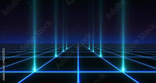 Retro Sci-Fi Background Futuristic landscape of the 80s. Digital Cyber Surface. Suitable for design in the style of the 1980s 