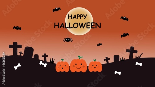 Happy halloween. Illustration of cute pumpkins on cemetery background