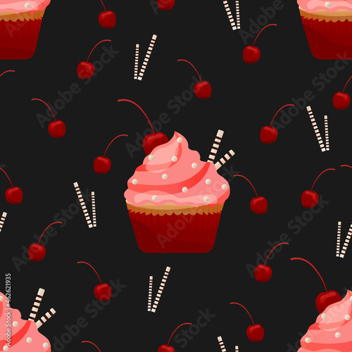 Seamless pattern with cakes, cherries and chocolad sticks on dark grey background. Eps10.