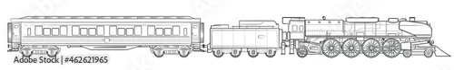 Fotografie, Obraz Steam train - illustration of locomotive with tender and railroad sleeping car