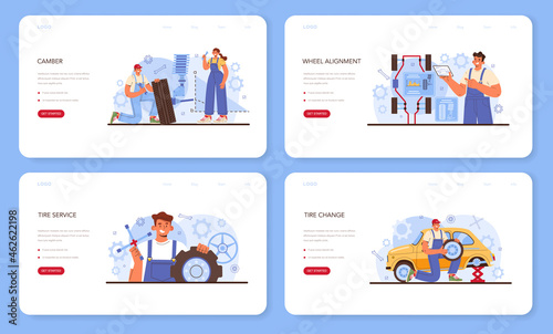 Car tire service web banner or landing page set. Worker changing a tire