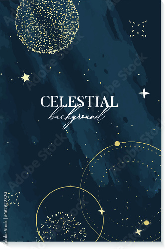 Sun and moon gold celestial elements, space universe magical banner. esoteric astrology poster 