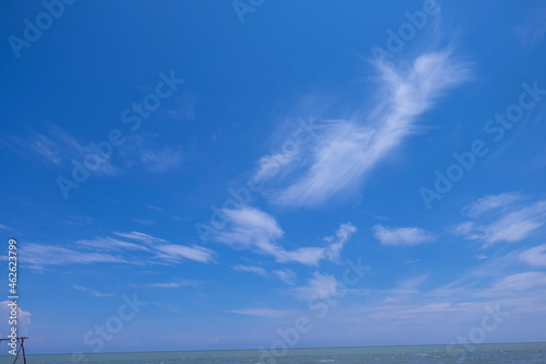 The blue sky had white clouds scattered all around.