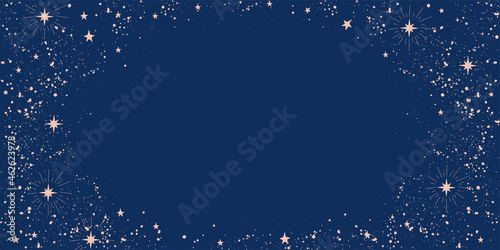 Blue background with stars and place for text. Cosmic blue banner with copy space for astrology, tarot, horoscope. Modern vector wallpaper.