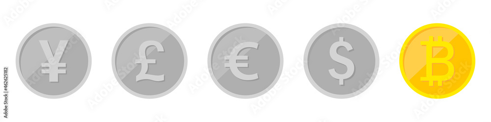 Obraz premium Bitcoin, dollar, euro, pound sterling and yuan. The superiority of BTC. Mining cryptocurrency. Banner on the theme of digital money. Vector illustration