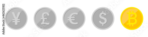 Bitcoin, dollar, euro, pound sterling and yuan. The superiority of BTC. Mining cryptocurrency. Banner on the theme of digital money. Vector illustration