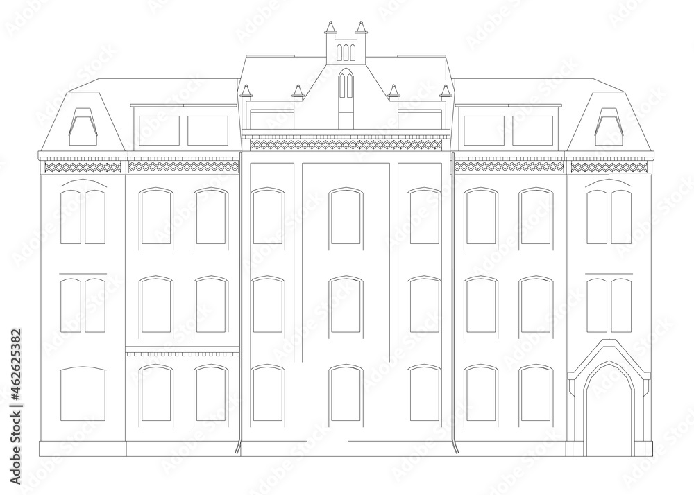 Contour of a decorative house isolated on a white background. Front view. Vector illustration