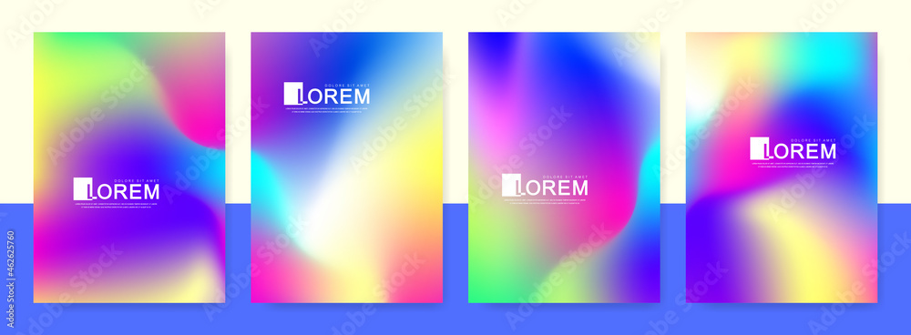 Trendy abstract colorful gradient art holographic templates in A4 size. Suitable for posts, banners design and layout design template for brochure. Vector fashion backgrounds.