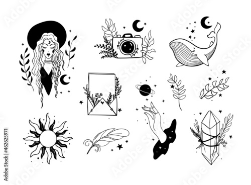 Bundle of magic tarot icons in boho design. Sun, magic whale, witch, crystal. Vector line hand drawn illustrations. Magic doodle graphics.