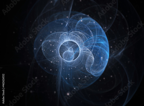 A quantum, science fiction concept of an atomic like design. With stars floating on a black background.