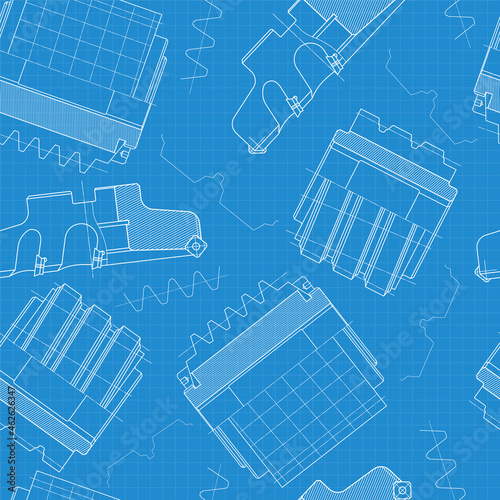 Mechanical engineering drawings on blue background. Cutting tools, milling cutter. Technical Design. Cover. Blueprint. Seamless pattern. Vector illustration.