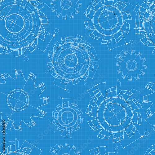 Mechanical engineering drawings on blue background. Cutting tools, milling cutter. Technical Design. Cover. Blueprint. Seamless pattern. Vector illustration.