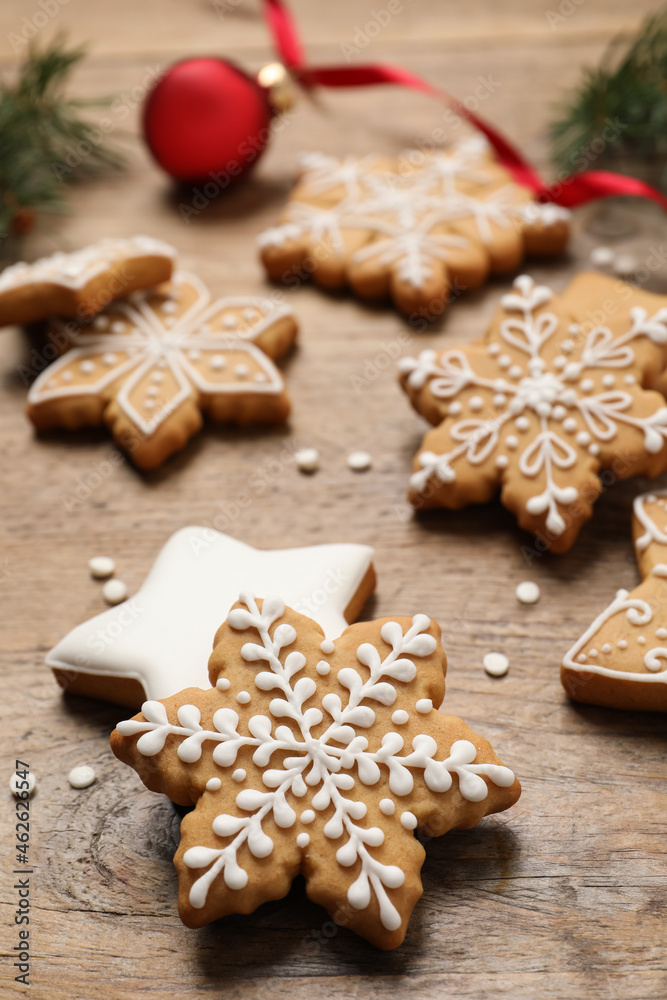 Tasty Christmas cookies on wooden table, closeup Tasty Christmas cookies on wooden table, closeup