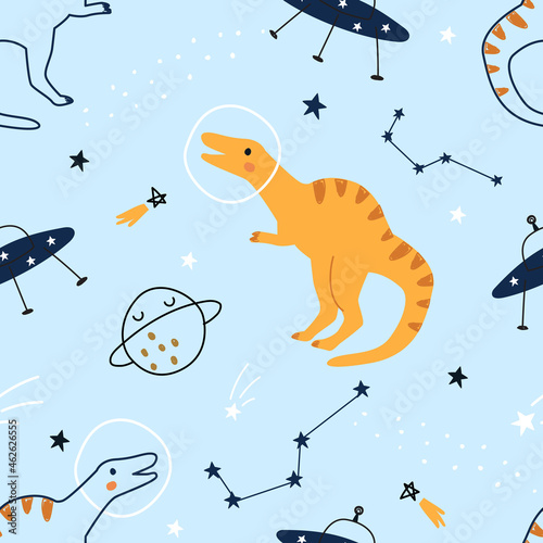 Seamless pattern with cute cartoon dinosaurs in space on a colored background. Vector illustration for printing on fabric, wrapping paper, postcard, cute children's background.