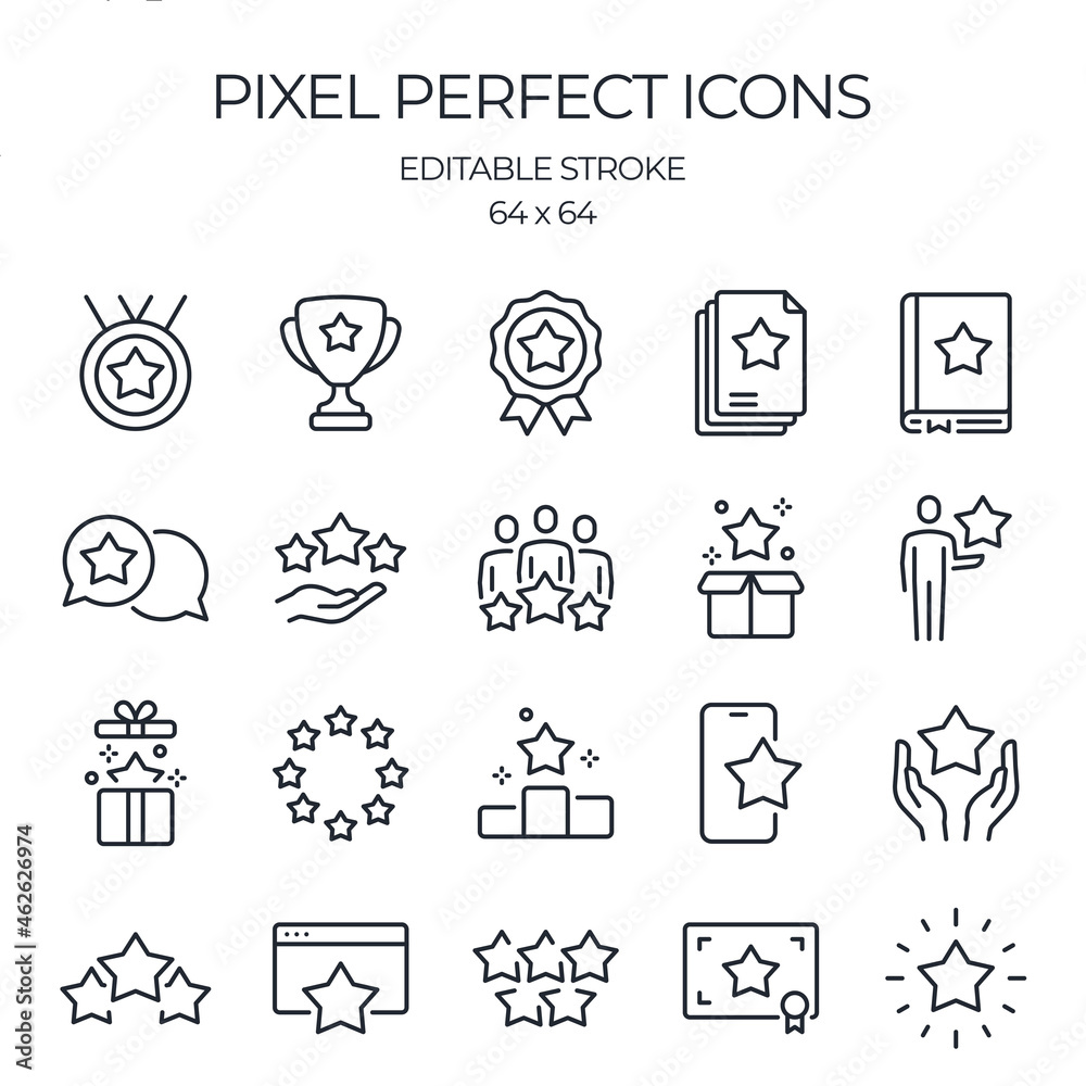 Star related editable stroke outline icons set isolated on white background flat vector illustration. Pixel perfect. 64 x 64. Star related editable stroke outline icons set isolated on white background flat vector illustration. Pixel perfect. 64 x 64.