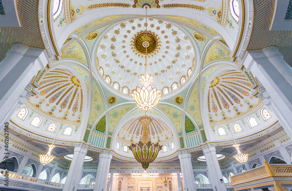 White mosque in city of Shali Chechen republic, RUSSIA. The Pride of Chechnya - the largest mosque in Europe. The interior is decorated with Swarovski. The carpet is made of New Zealand wool