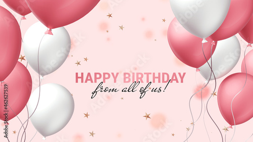 3d happy birthday illustration with realistic pink and white air balloon on pink background with glitter confetti. Romantic holiday horizontal template design with balloon