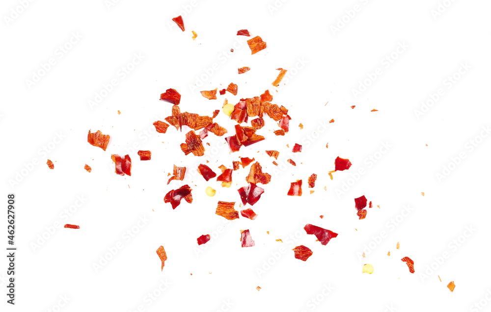 Ταπετσαρία Crushed red cayenne pepper, dried chili flakes and seeds pile isolated on white