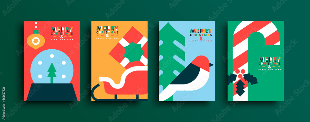 Christmas New Year geometric folk icon card set - obrazy, fototapety, plakaty 
