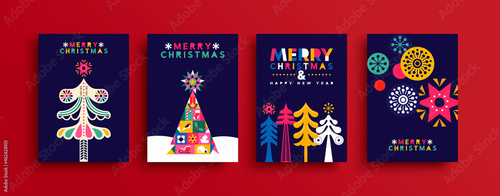 Christmas New Year neon folk pine tree card set - obrazy, fototapety, plakaty 